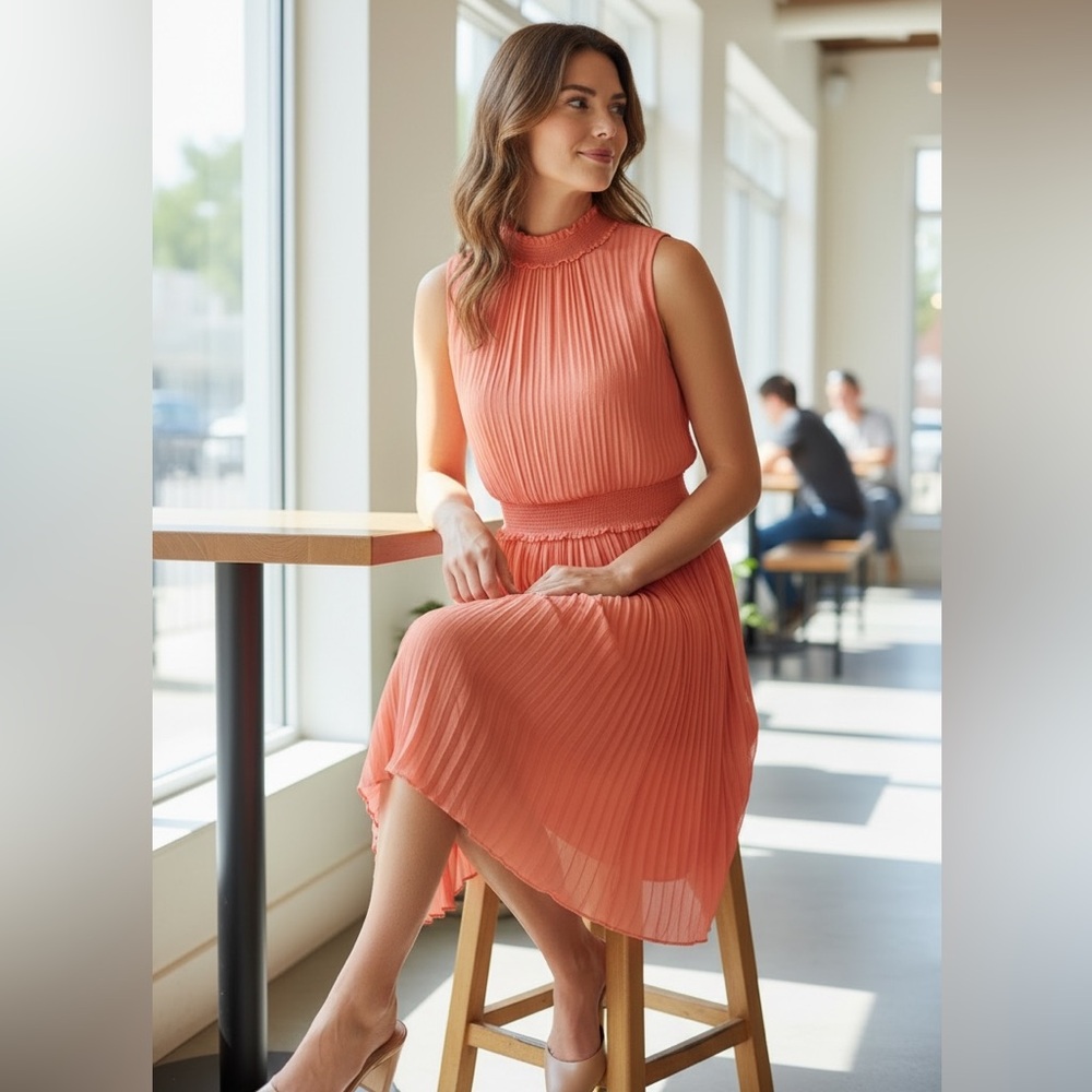 Nanette Light Flamingo Sleeveless Pleated Midi Dress in Coral - NWT $MSRP 150